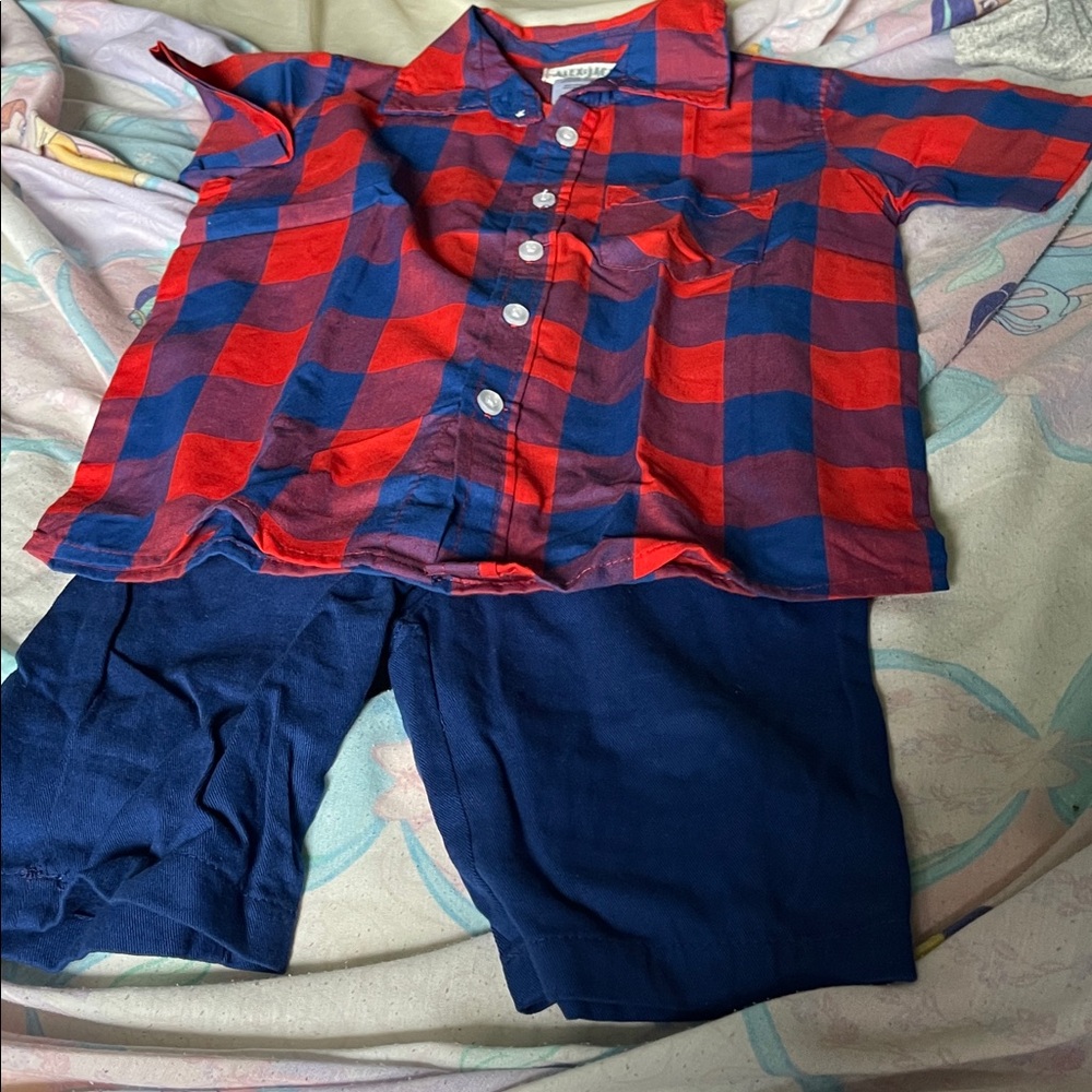 Kids Red & Blue Plaid Shirt and Navy Shorts Matching Set